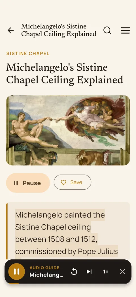 The audio guide reading a page about the Sistine Chapel