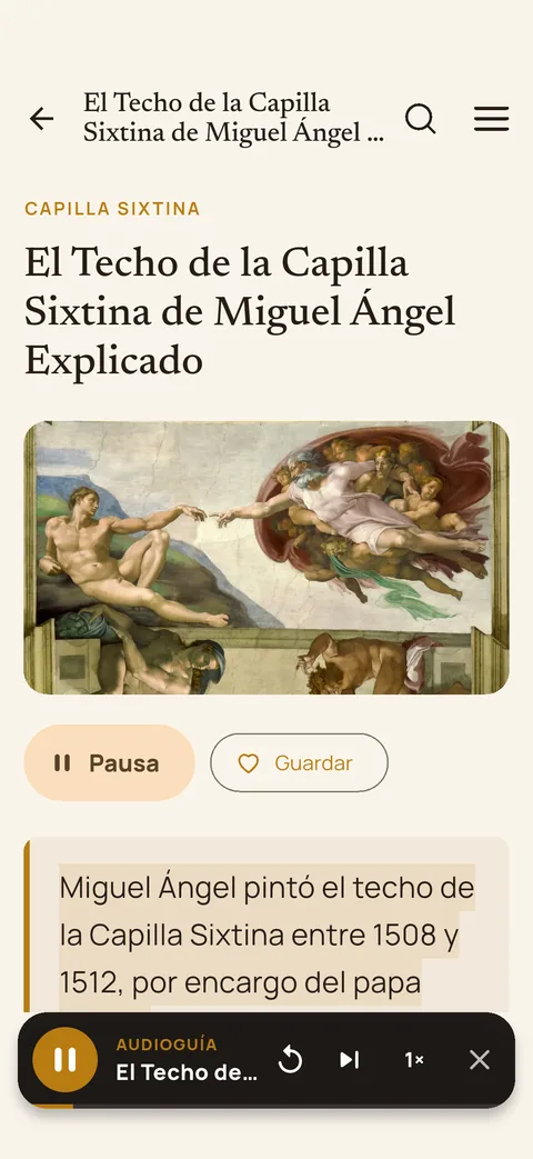 La audioguía leyendo una página sobre la Capilla Sixtina