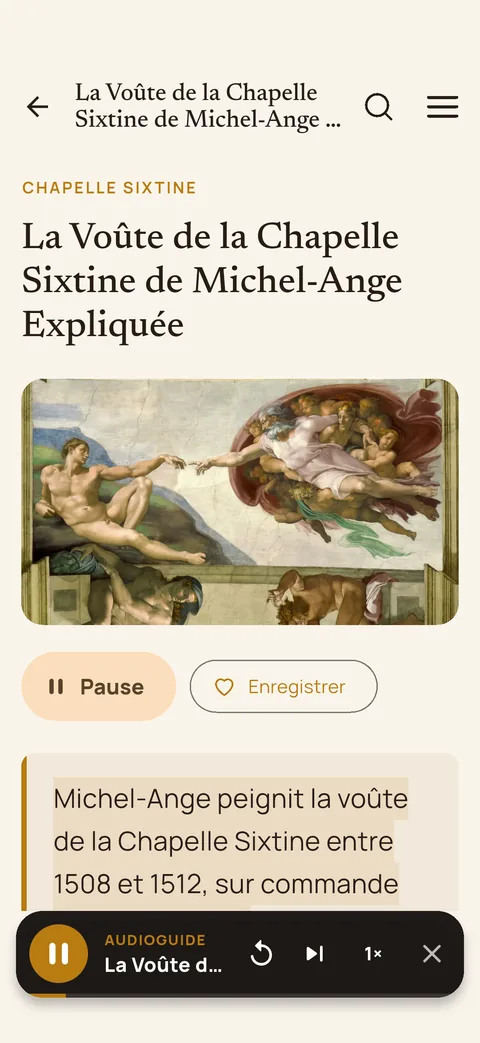 L'audioguide qui lit une page sur la chapelle Sixtine