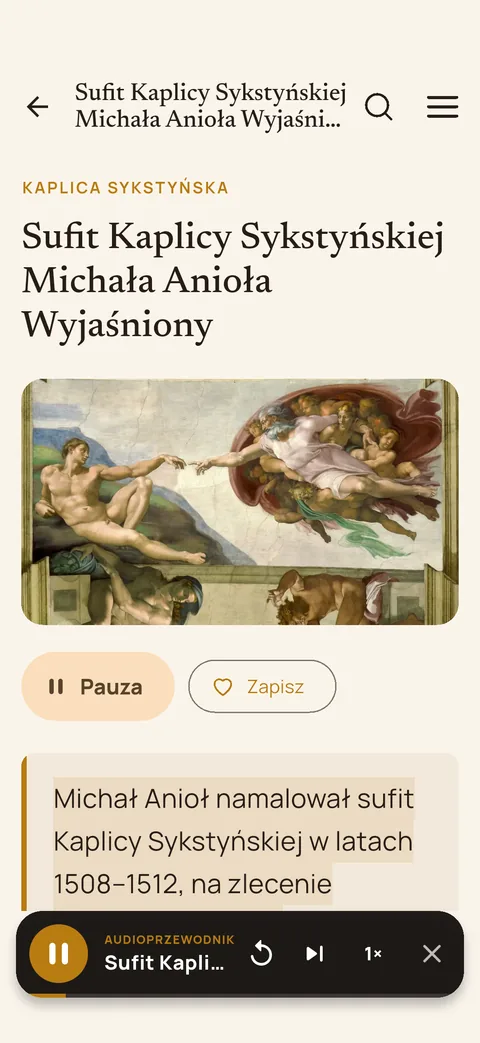 Audioprzewodnik czyta stronę o Kaplicy Sykstyńskiej